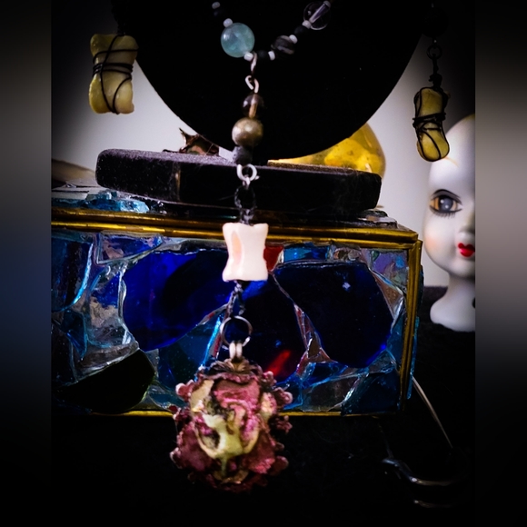 Artisan Necklace, Earring Set - Real Animal Bones, Crystal Beads, Upcycled - Picture 3 of 5